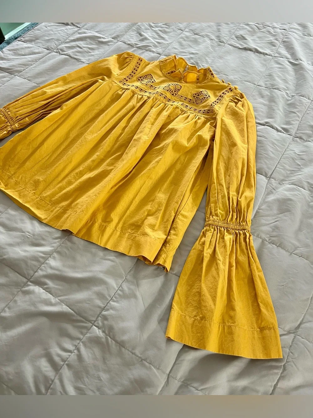 Free People Another Eternity 100% Cotton Mustard Yellow, Bell Sleeve Top, Small